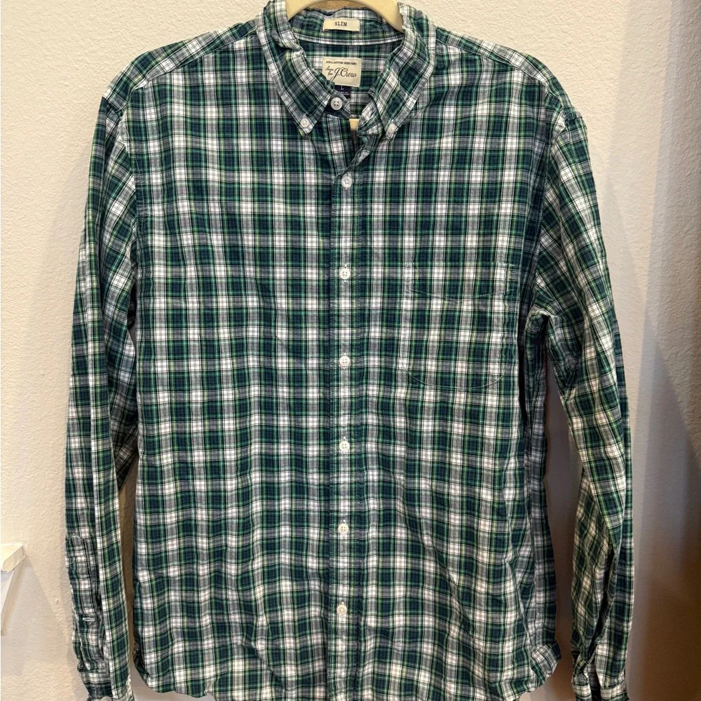J. Crew Green and White Plaid Casual Shirt